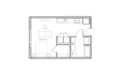 a floor plan of a small apartment with a bedroom and a living room